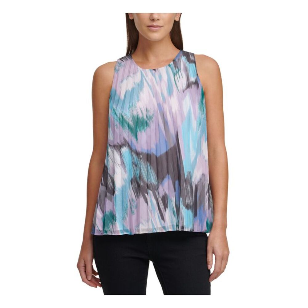 DKNY Womens Purple Pleated Chiffon Printed Sleeveless Scoop Neck Top Size: XXS